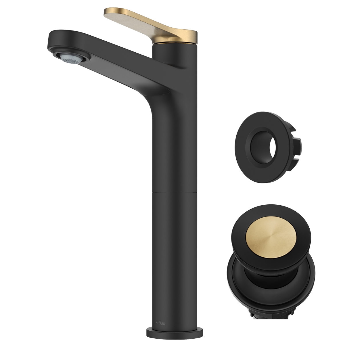 Picture of Kraus KVF-1410SFBBMB Indy Single Handle Vessel Bathroom Faucet with Pop Up Drain & Supply Lines in Spot-Free Brushed Brass & Matte Black