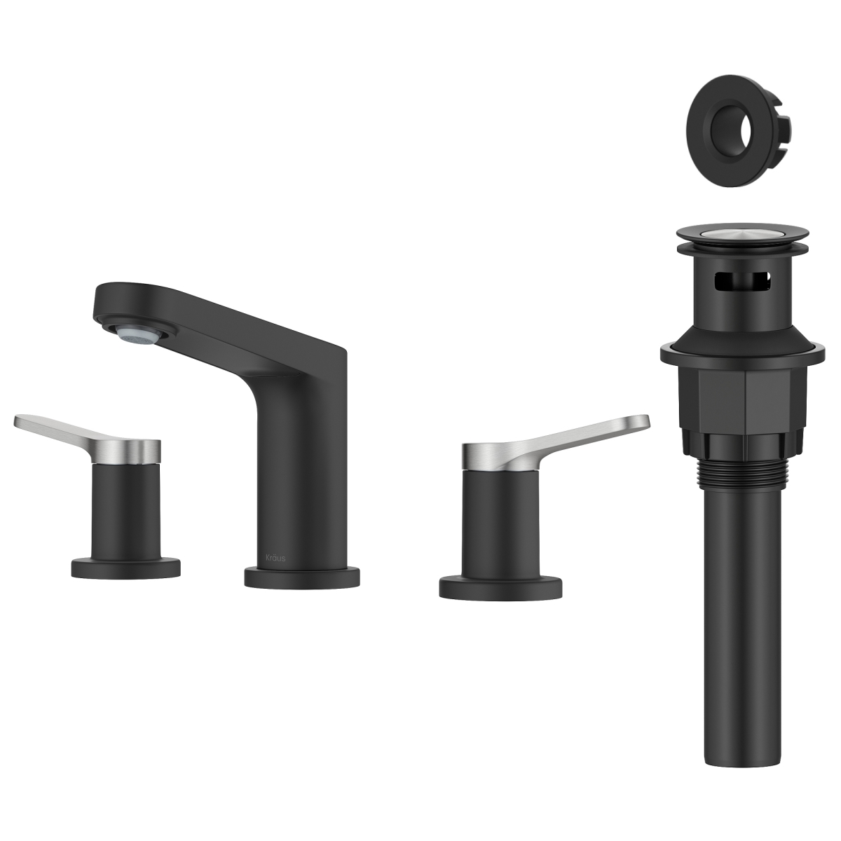 Picture of Kraus FUS-14103SFBNMB Indy 2-Handle 8 in. Widespread Bathroom Faucet with Pop Up Drain & Supply Lines in Spot-Free Brushed Nickel & Matte Black