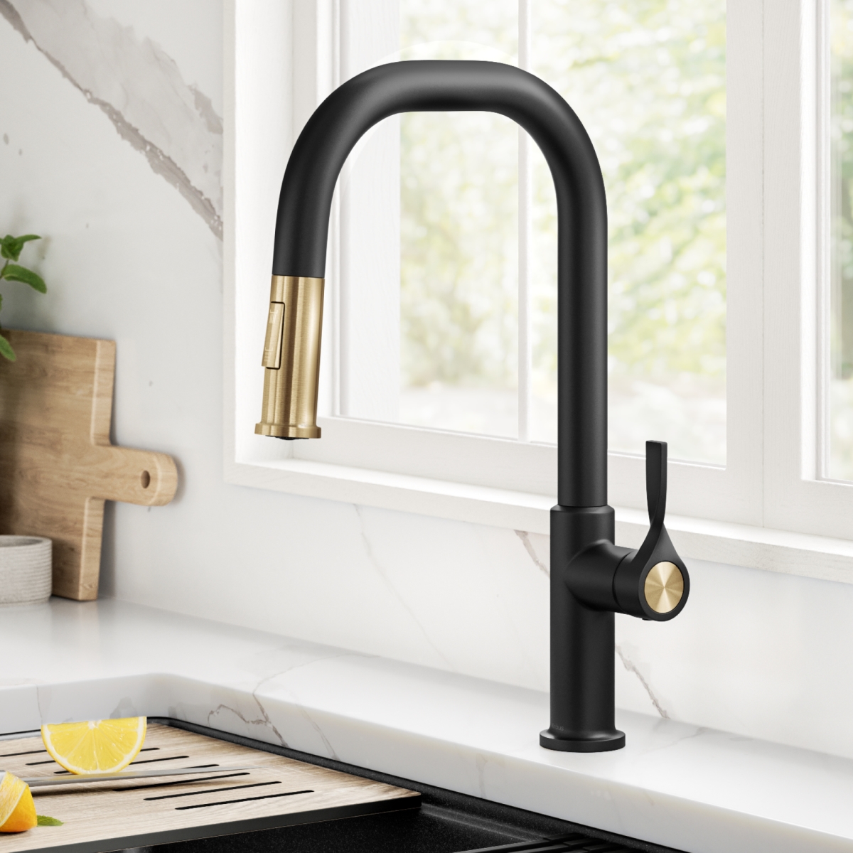 Picture of Kraus KPF-2841SFBBMB Torak 2-Function Single Handle Pull Down Kitchen Faucet in Spot-Free Brushed Brass & Matte Black&#44; 18.13 in.
