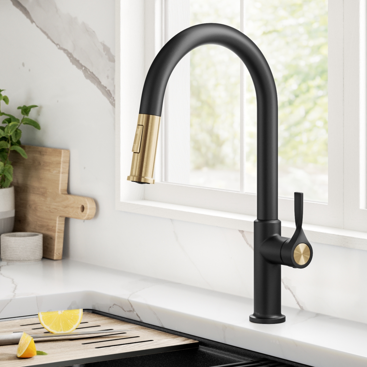 Picture of Kraus KPF-2840SFBBMB Torak 2-Function Single Handle Pull Down Kitchen Faucet in Spot-Free Brushed Brass & Matte Black