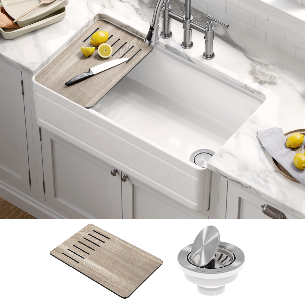 Picture of Kraus KFR4-33GWH Turino Workstation 33 Farmhouse Reversible Apron Front Fireclay Single Bowl Kitchen Sink with Accessories&#44; Gloss White