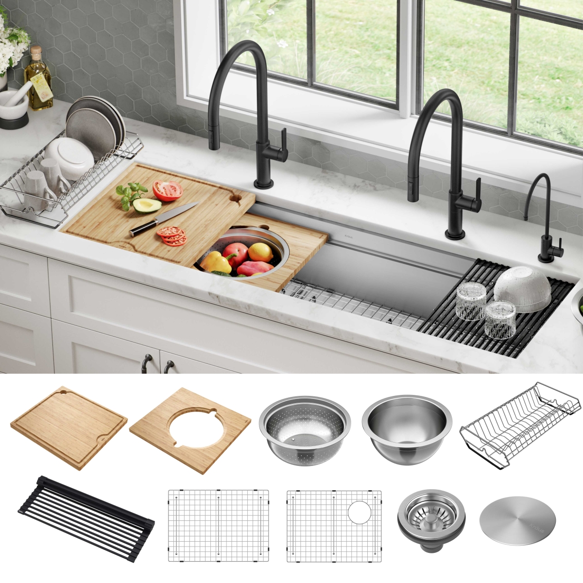 Picture of Kraus KWU210-57 57 in. Kore 16 Gauge Undermount Workstation Single Bowl Stainless Steel Kitchen Sink with 10 Accessories