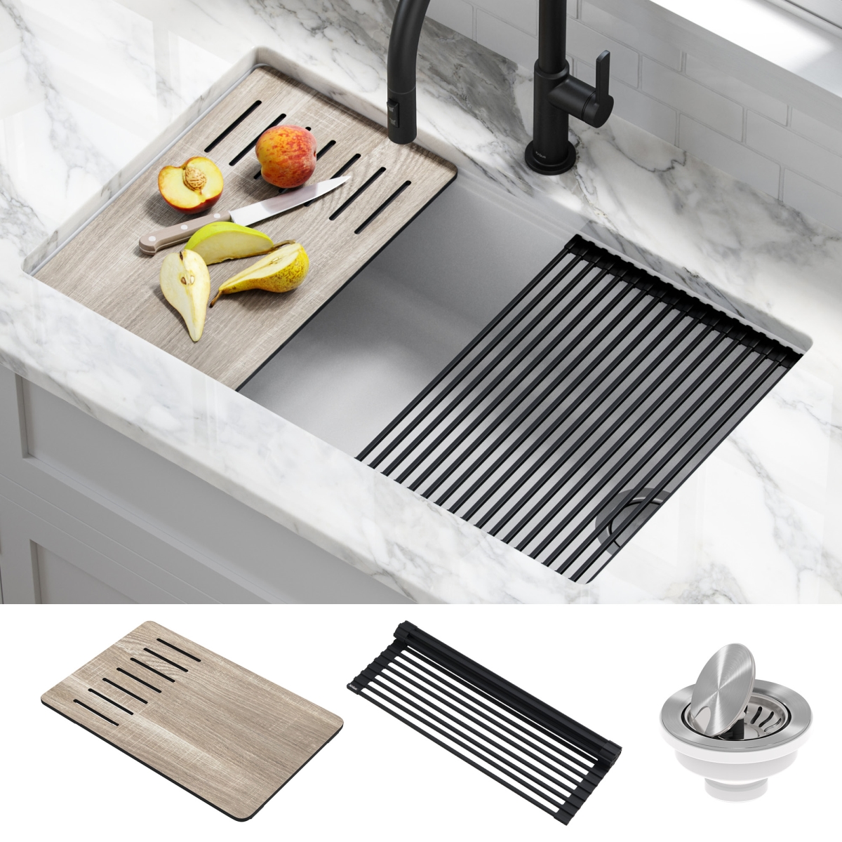 Picture of Kraus KGUW1-33WH 32 in. Bellucci Undermount Workstation Granite Kitchen Sink with Accessories&#44; White