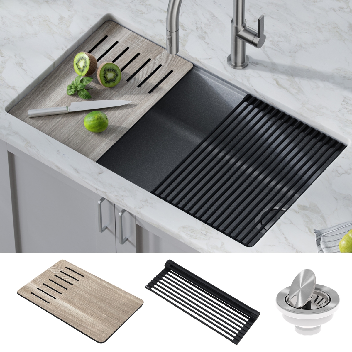 Picture of Kraus KGUW2-33MGR 32 in. Bellucci Undermount Workstation Granite Kitchen Sink with Accessories&#44; Metallic Gray