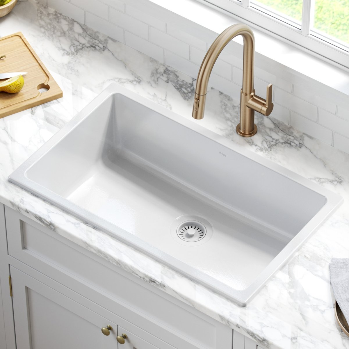 Picture of Kraus KFD1-30GWH Turino 30 in. Drop-In Undermount Fireclay Single Bowl Kitchen Sink with Thick Mounting Deck&#44; Gloss White