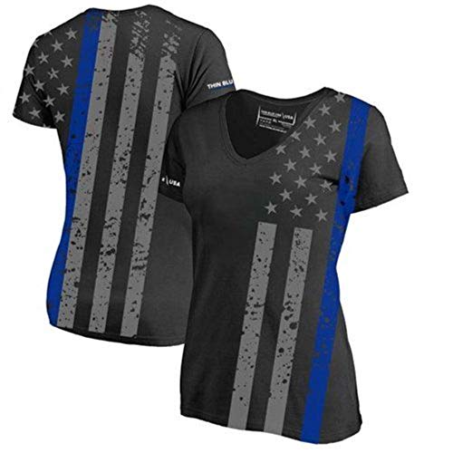 Womens Athletic V-Neck T-Shirt - All-Over , Blue & Black - Large