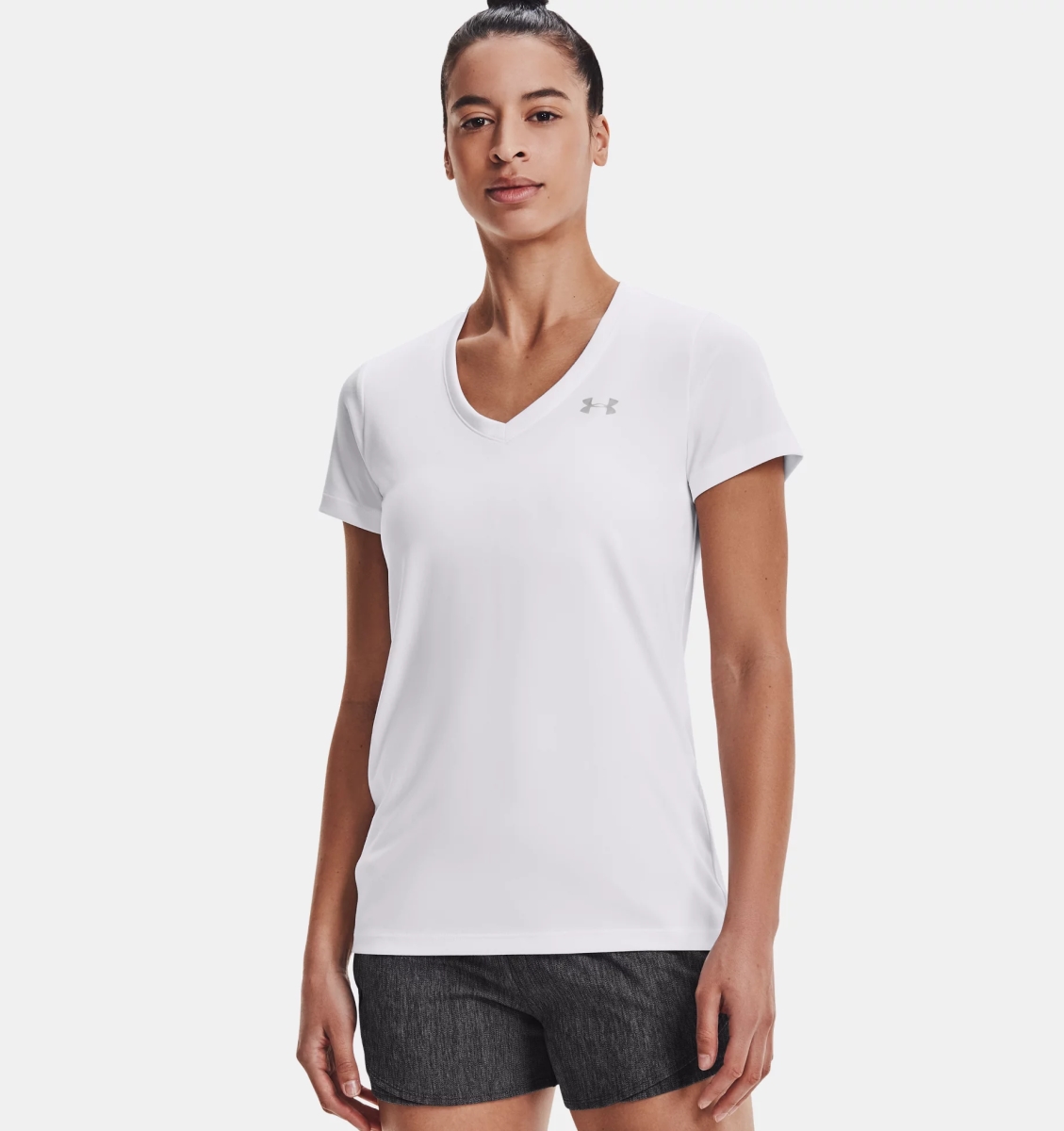 Picture of Under Armour 12558391002X Tech Short Sleeve V-Neck Top for Women&#44; Solid White & Metallic Silver - 2XL