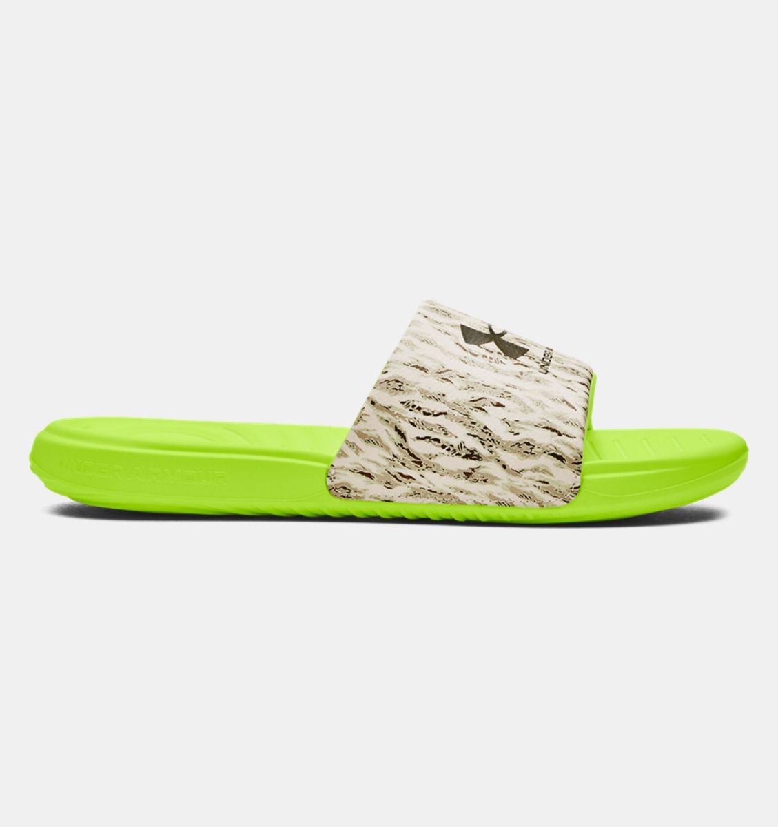 Picture of Under Armour 302443411113 Summit White&#44; Lime Surge & Mossy Taupe Mens Ansa Graphic Slides&#44; Size 13