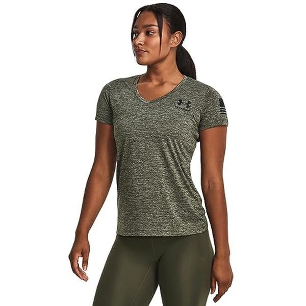 Under Armour 1369471392MD Women Freedom Tech Short Sleeve V-Neck T-Shirt, Marine OD Green Medium Heather & Black - Medium -  Inner Armour