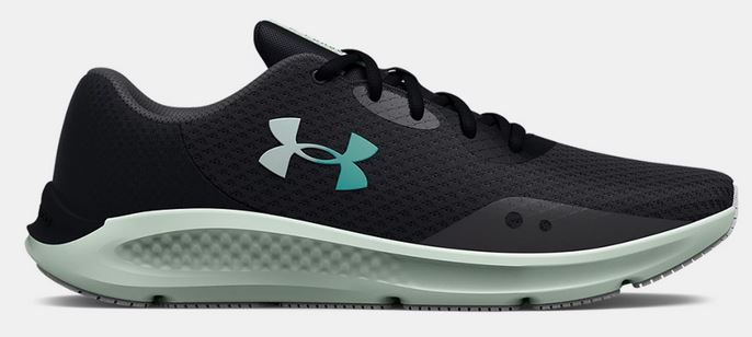 Under Armour 30265231057.5 Charged Pursuit 3 Big Logo Running Shoes for Womens, Mod Gray, Castlerock & Radial Turquoise - Size 7.5