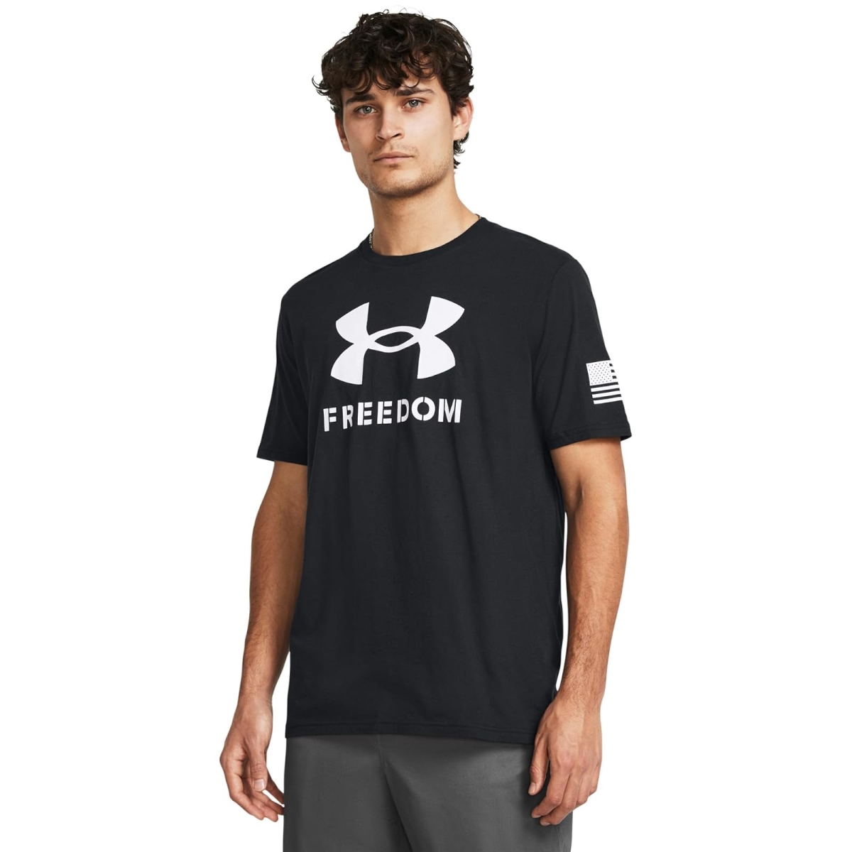 Under Armour 1382970001LG Mens Freedom Logo T-Shirt, Black & White - Large