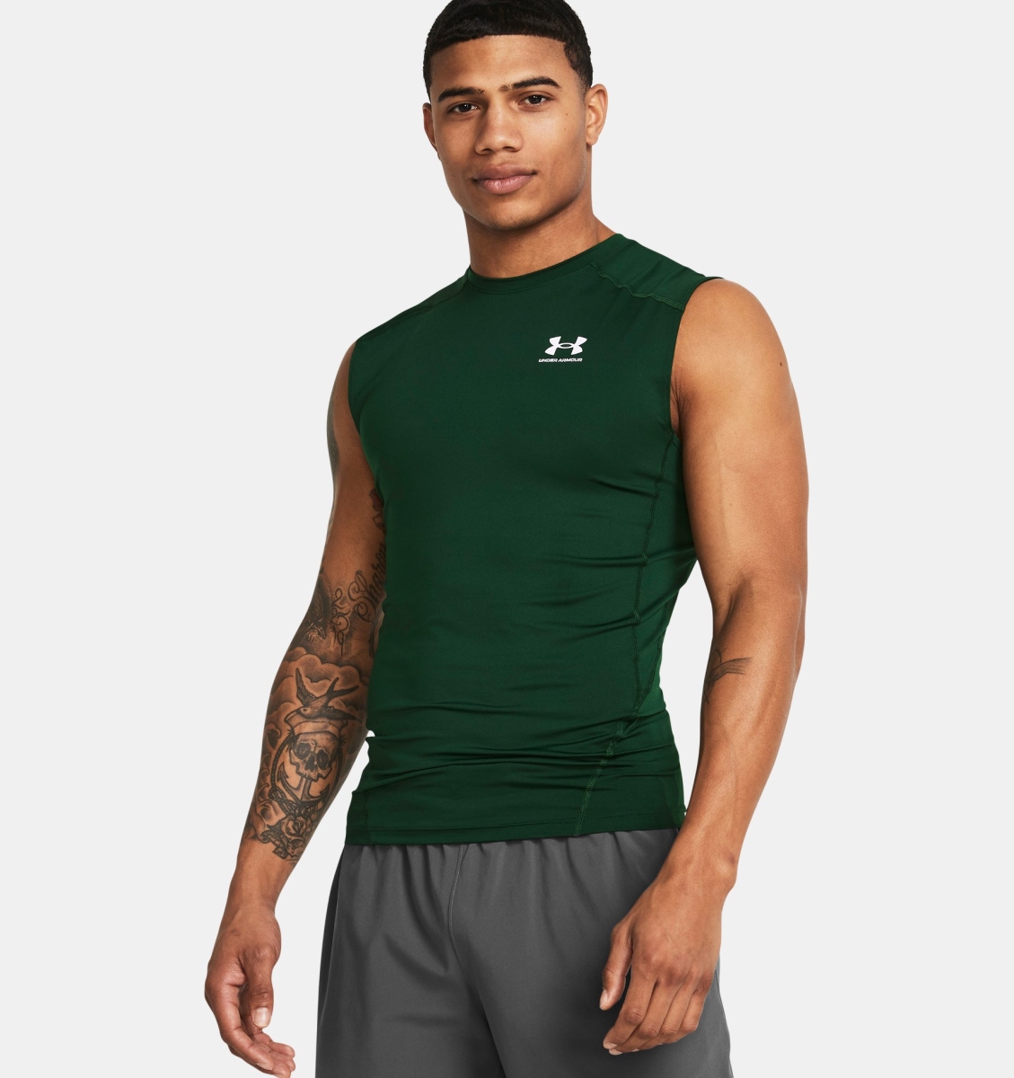 Under Armour 13615223012X HeatGear Armour Compression Sleeveless Tank Top, Forest Green & White - 2XL