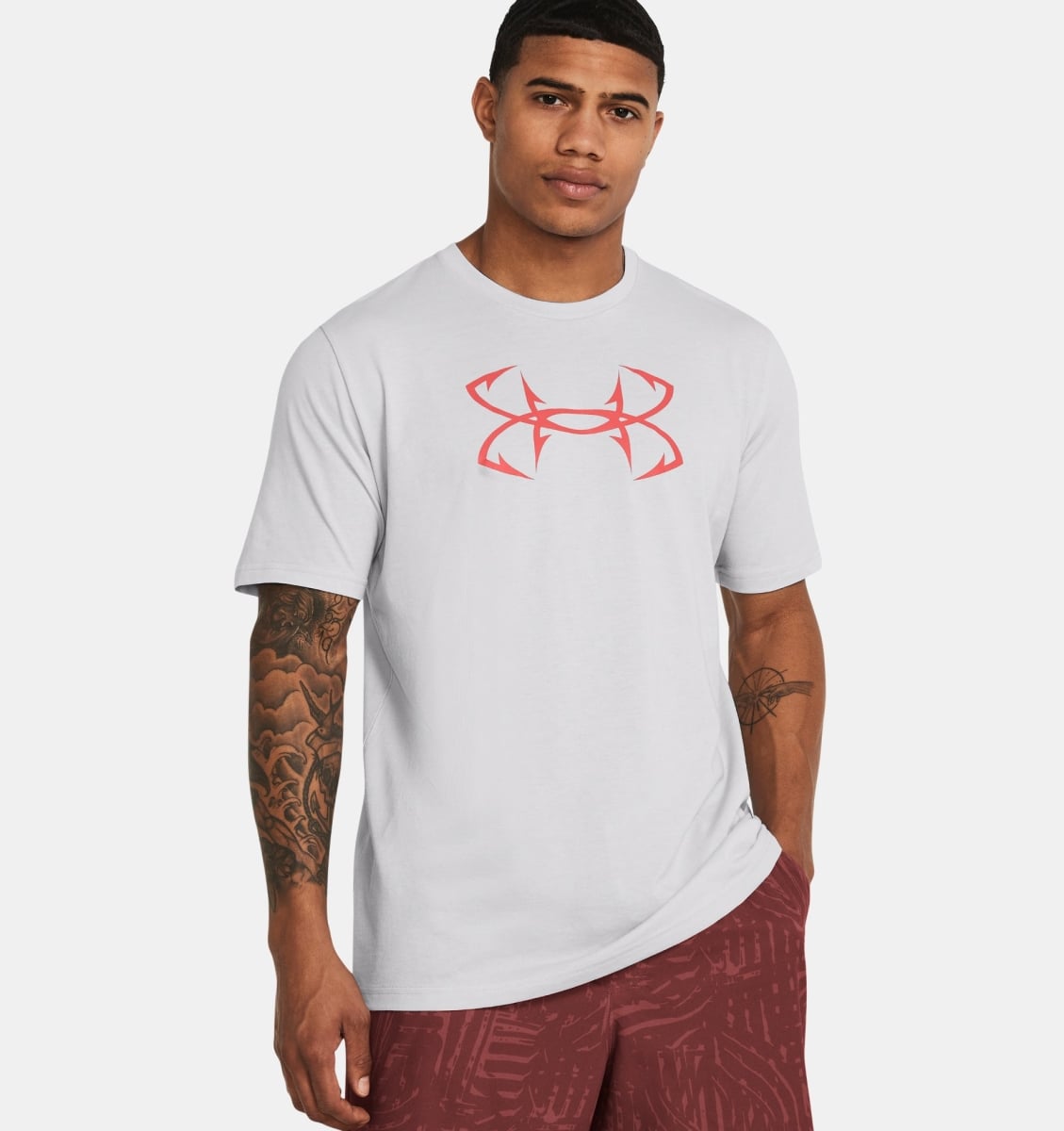 Under Armour 1331197017MD Mens Fish Hook Logo Short Sleeve T-Shirt, Halo Gray & Coho - Medium