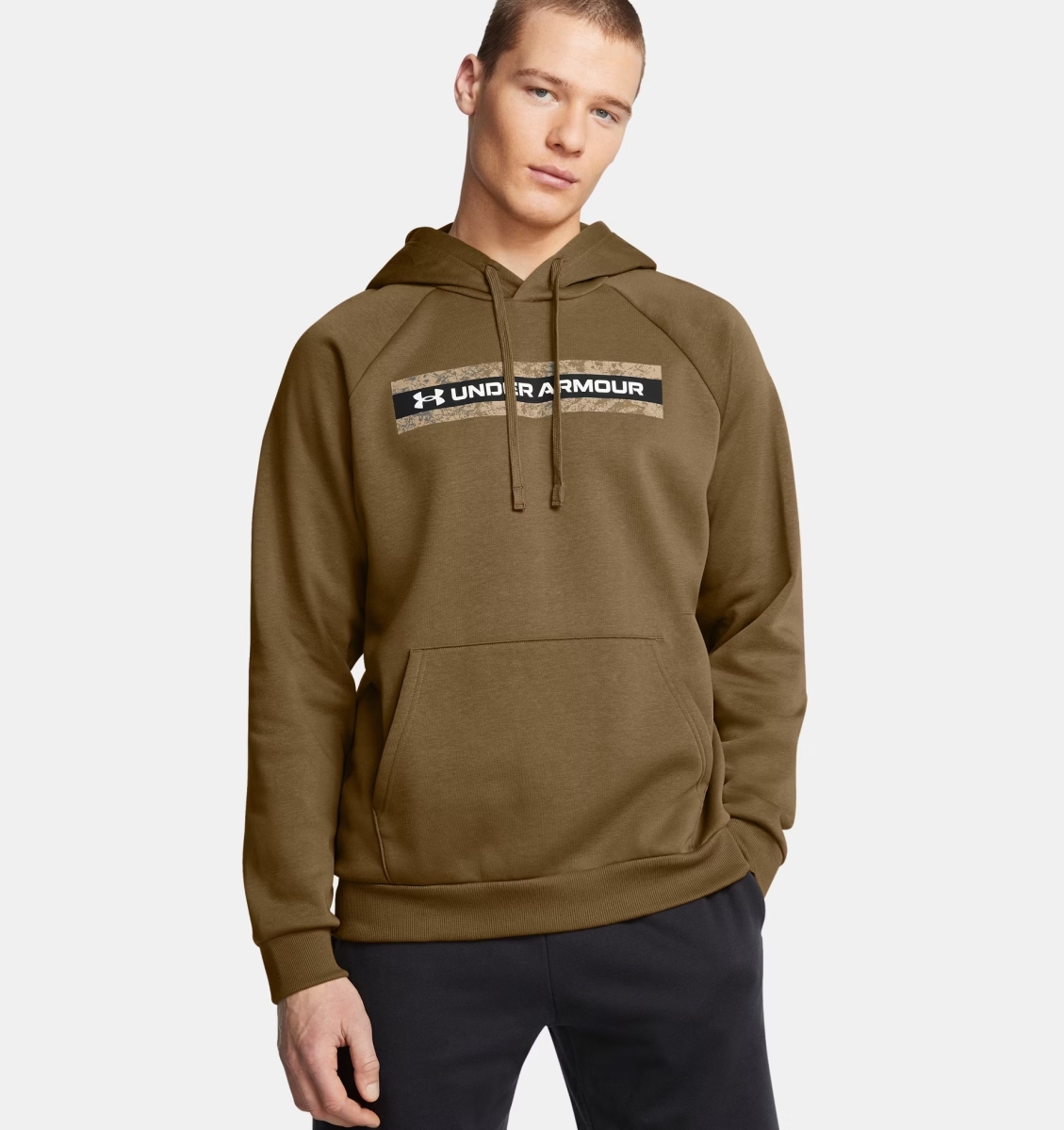 Under Armour 1386595498SM Men UA Rival Fleece Camo Chest Stripe Hoodie - Coyote & White - Small