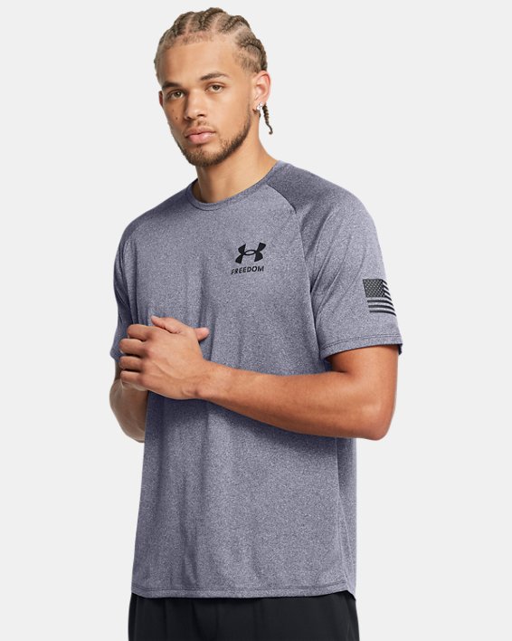 Under Armour 1369468413MD Mens Freedom Tech Short Sleeve T-Shirt, Midnight Navy Light Heather & Black - Medium
