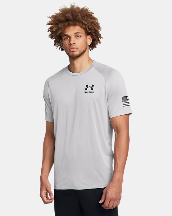 Under Armour 1369468011MD Mens Freedom Tech Short Sleeve T-Shirt, Mod Gray Light Heather & Black - Medium