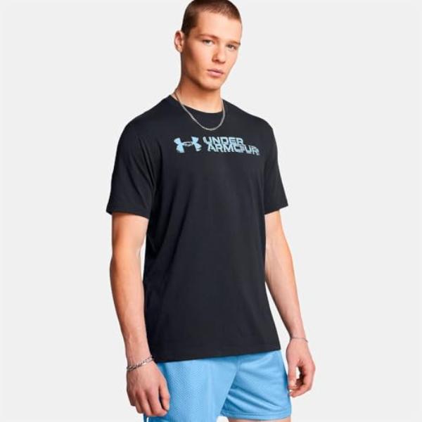 Under Armour 13868070013X Mens Sliced Wordmark 60 Percent Cotton & 40 Percent Polyester Short Sleeve T-Shirt - Black & Horizon Blue - 3XL