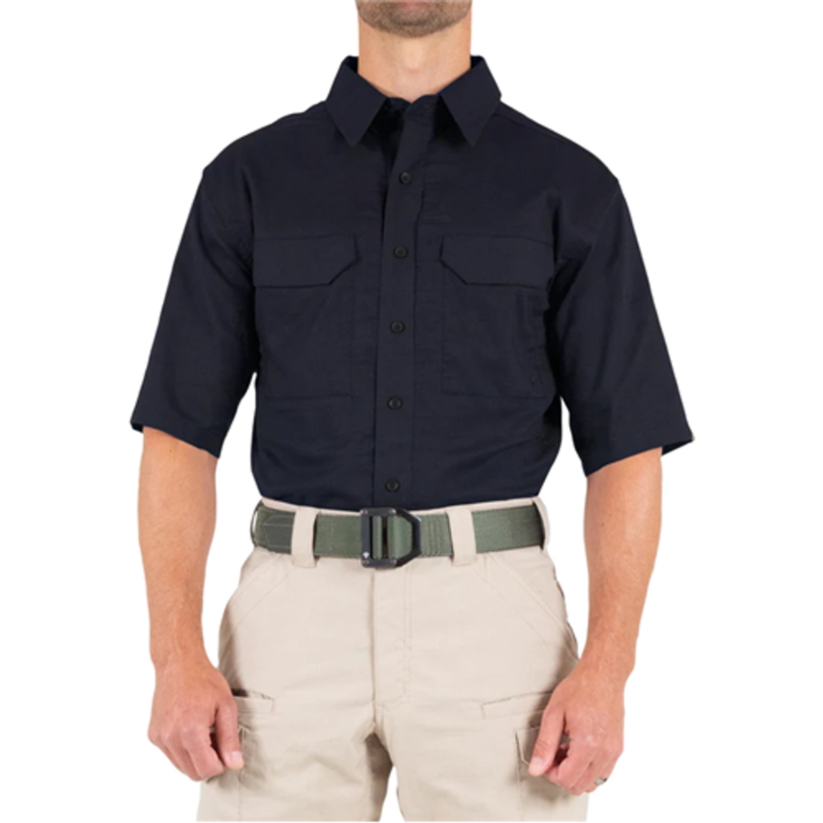 Short Sleeve Shirt, 35% Cotton, 65% Polyester, Button, 2 Pocket(s), Midnight Navy, L