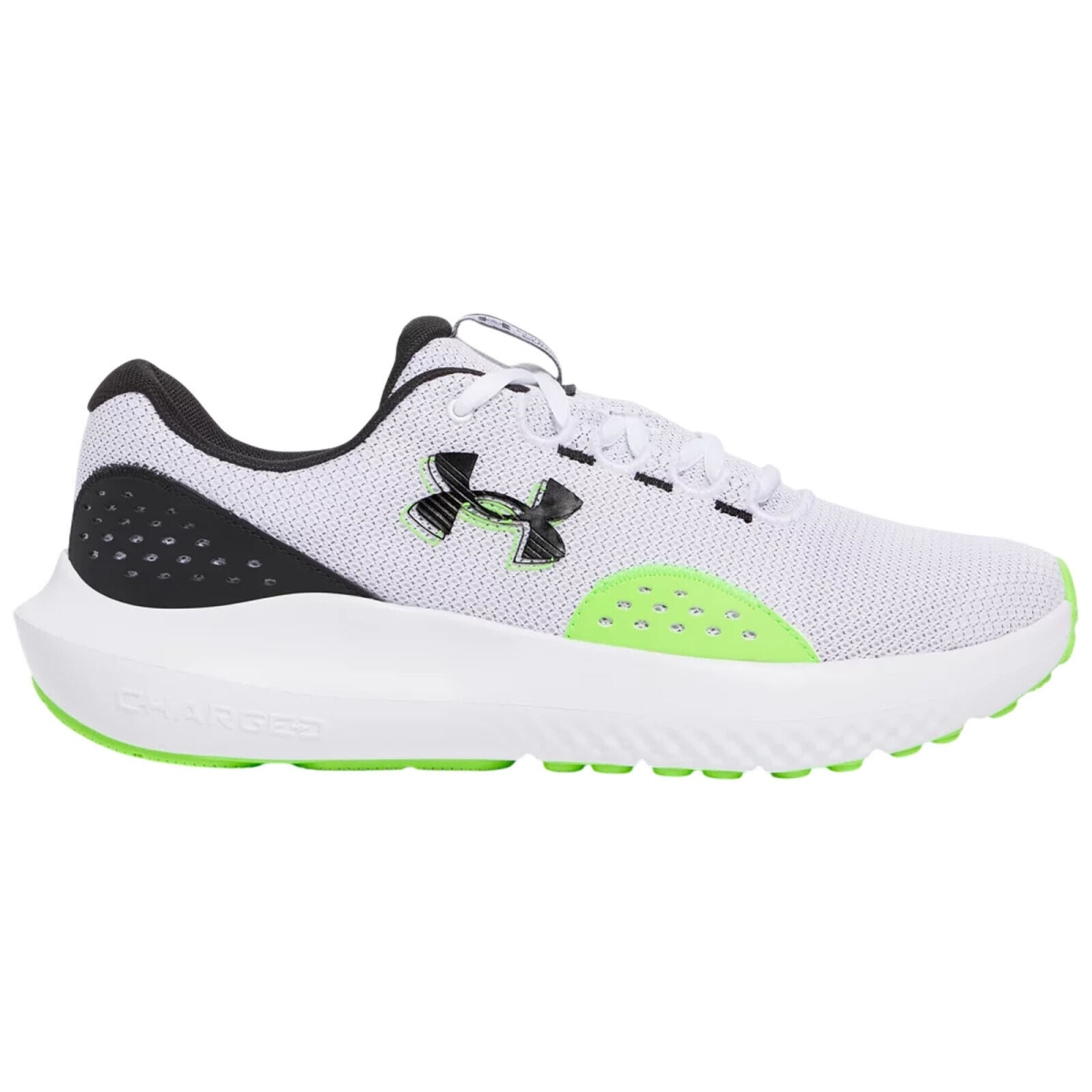 Under Armour 302700010910.5 Mens Charged Surge 4 Running Shoes, White, Hyper Green & Black - Size 10.5