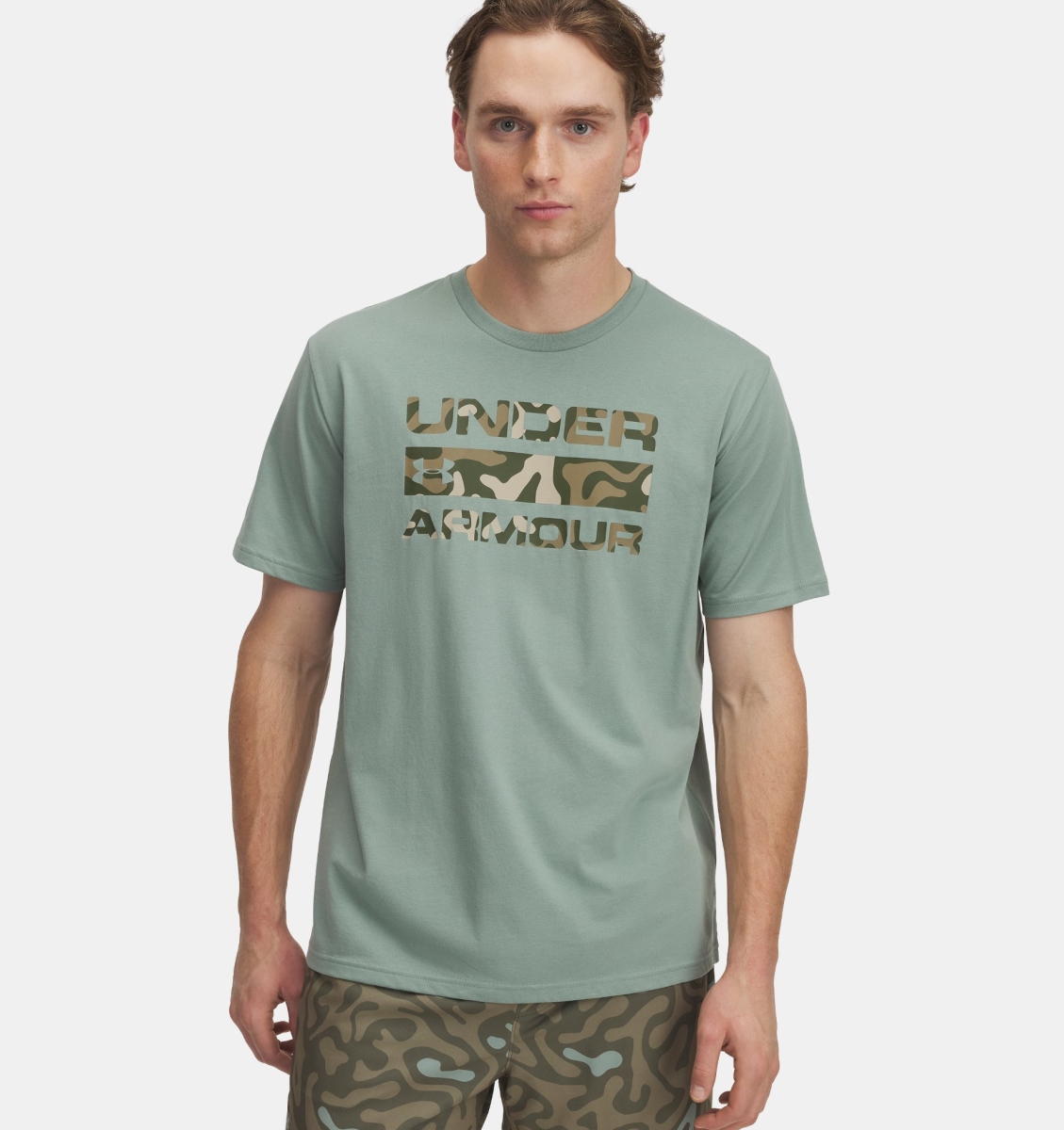 Under Armour 1361903348LG Mens Stacked Logo Fill Short Sleeve T-Shirt, Silica Green & Marine OD Green - Large