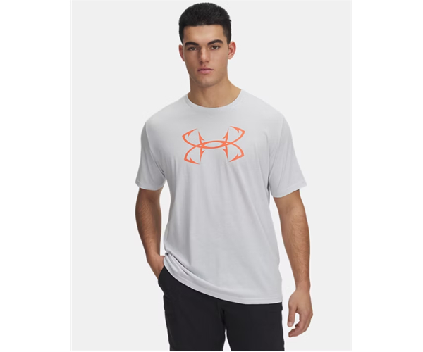 Under Armour 13311970183X Mens Fish Hook Logo Short Sleeve T-Shirt, Halo Gray & Fire - 3XL