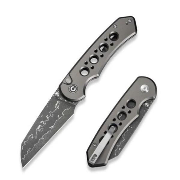 CIV-C24067-DS1 Pragma Prime Thumb Stud & Button Lock Knife with Gray Aluminum Handle with 3.49 in. Damascus Blade