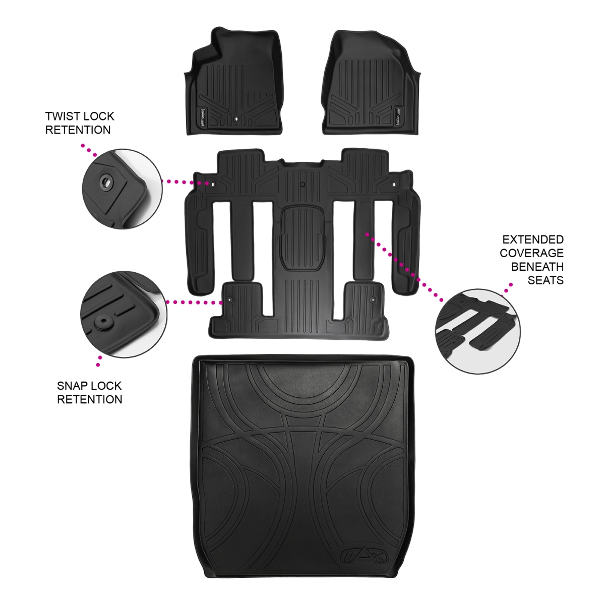 SA0043-B0044-P-D0043 Custom 3 Rows Behind 2nd Row Floor Mats & Cargo Liner Set with 2nd Row Bucket Seats for 2009-2017 Buick Enclave, Black