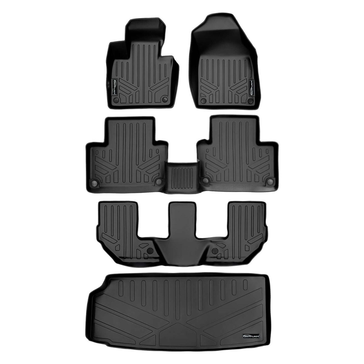 SA0223-B0611-C0223-E0223 Floor Mats 3 Rows & Cargo Liner Behind 3rd Row Set for 2016-2023 Volvo XC90, Black