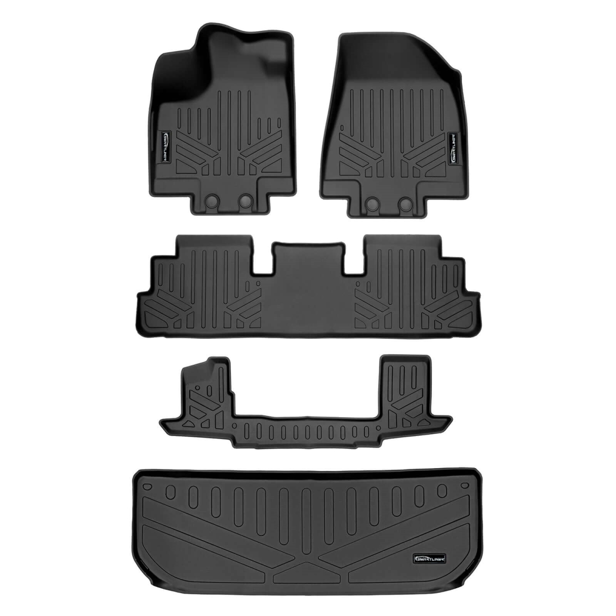 SA0567-B0567-C0567-E0579 Floor Mats 3 Rows & Cargo Liner Behind 3rd Row Set for 2022-2023 Infiniti QX60, Black - 6 Passenger Models