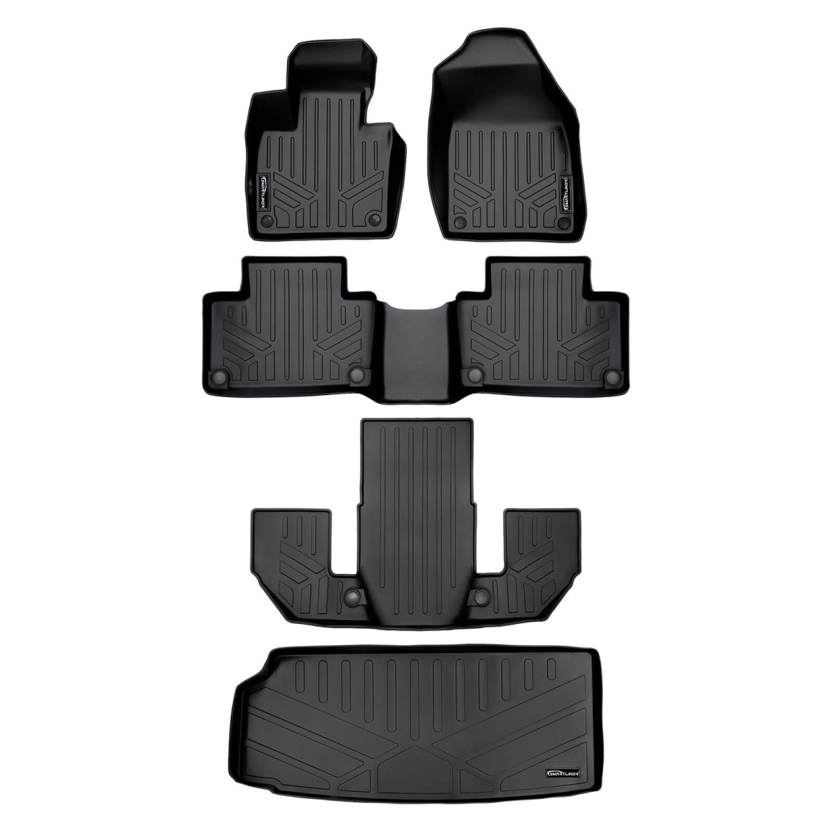 SA0223-B0633-C0633-E0223 Floor Mats 3 Rows & Cargo Liner Behind 3rd Row Set for 2020-2023 Volvo XC90, Black