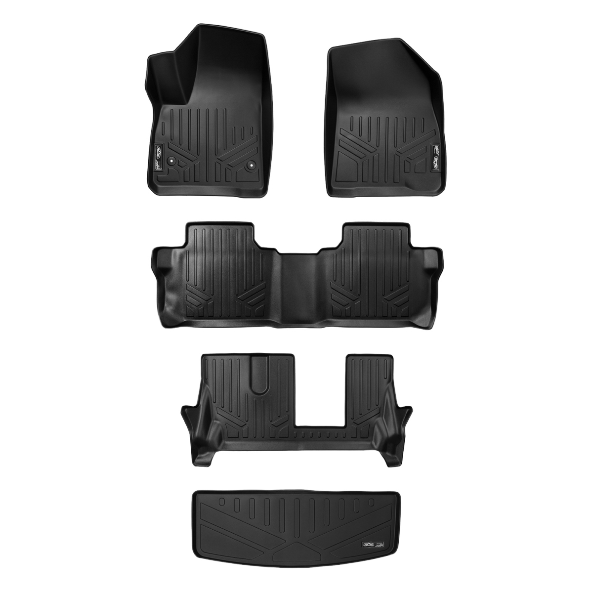 SA0230-B0248-C0248-E0230 48 x 32 x 6 in. Custom Floor Mats 3 Rows & Cargo Liner Behind 3rd Row Set for 2017-2021 GMC Acadia, Black