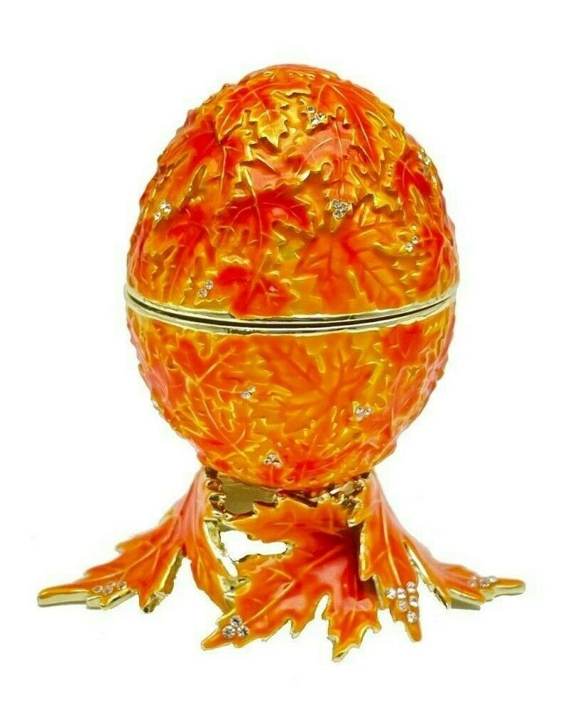 E2106 Orange Faberge Egg Enamel Painted Jewelry Box & Music with Austrian Crystals -  Keren Kopal