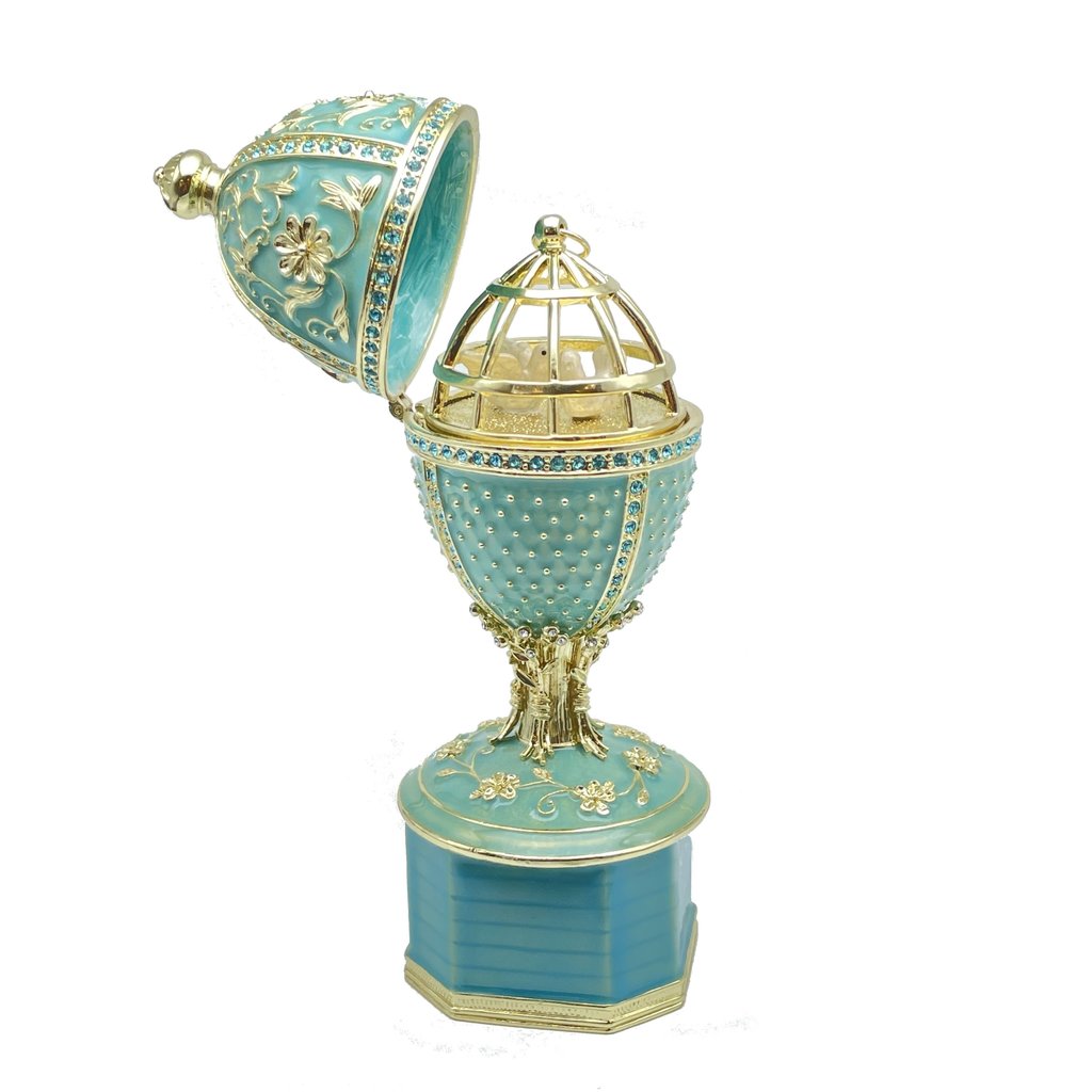 E2112 Green Turquoise Faberge Egg with Doves Trinket Enamel Painted Jewelry Box with Austrian Crystals -  Keren Kopal