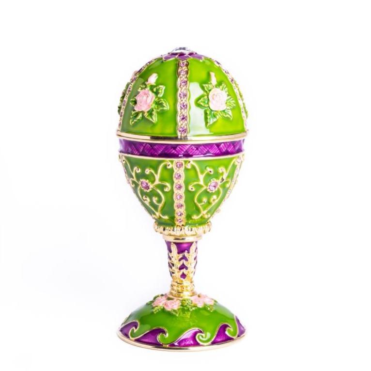 E2126 Green Faberge Egg Music Playing Decorated with Flowers Enamel Painted Trinket Box with Austrian Crystals -  Keren Kopal