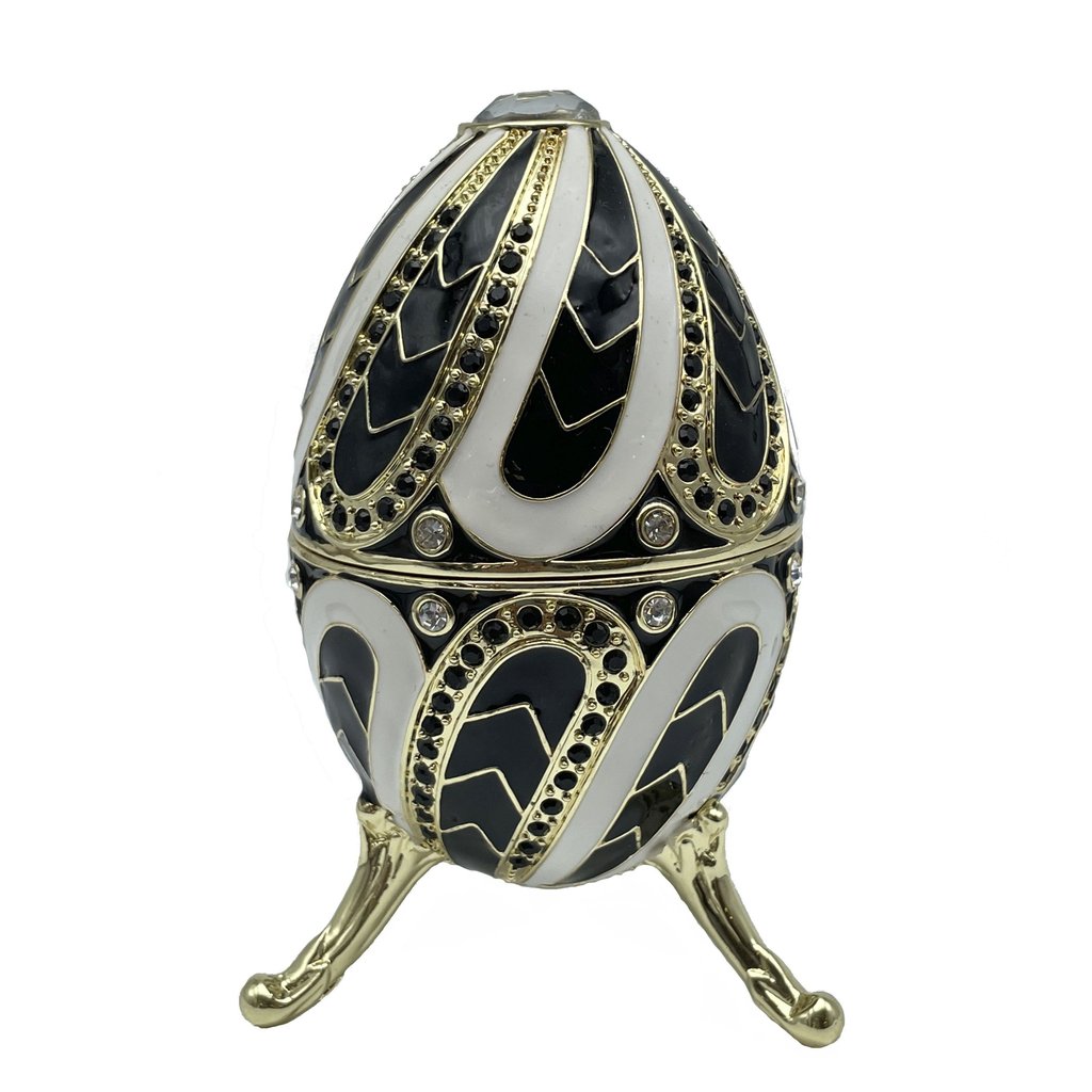E2127 Faberge Egg with Fur Elise Music by Beethoven Handmade Trinket Box with Austrian Crystals Gold Plated, Black & White -  Keren Kopal