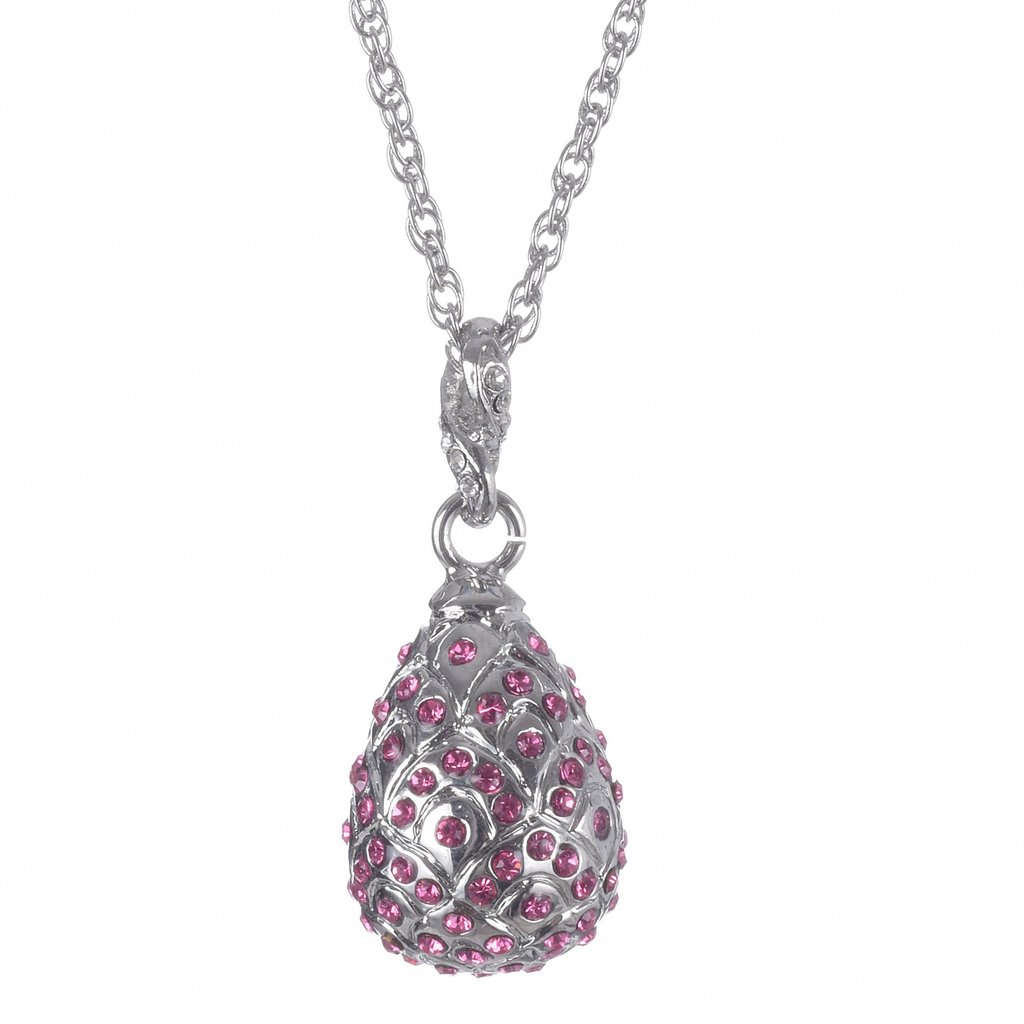 Egg Pendant Necklace, Silver with Pink Stones