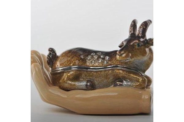 Zodiac Ram Laying on Hand Enamel Painted Trinket Box with Austrian Crystals