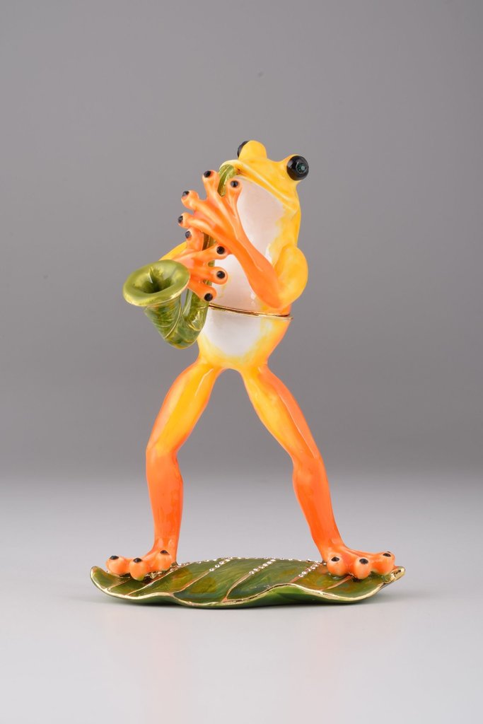 Frog Playing a Saxophone Enamel Painted Trinket Box with Austrian Crystals