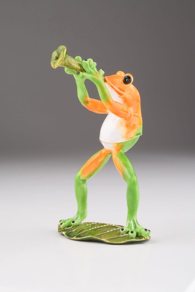 Trumpet Playing Frog Enamel Painted Trinket Box with Austrian Crystals