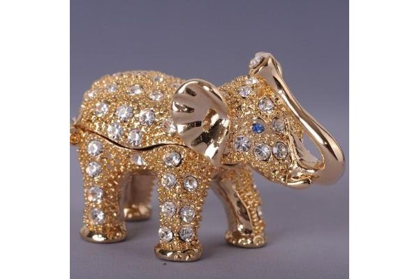EL528 Golden Elephant with Crystals Enamel Painted Trinket Box with Austrian Crystals
