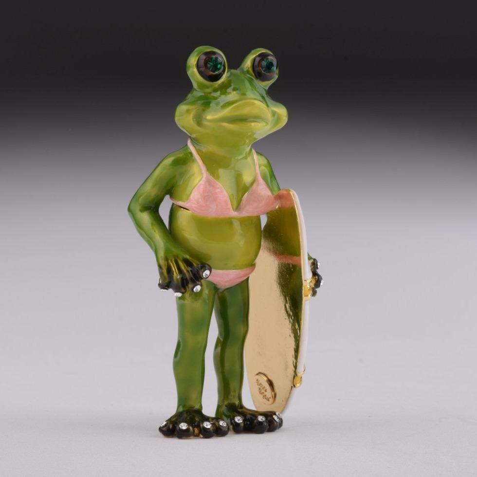 Girl Frog Holding a Surfboard Enamel Painted Trinket Box with Austrian Crystals