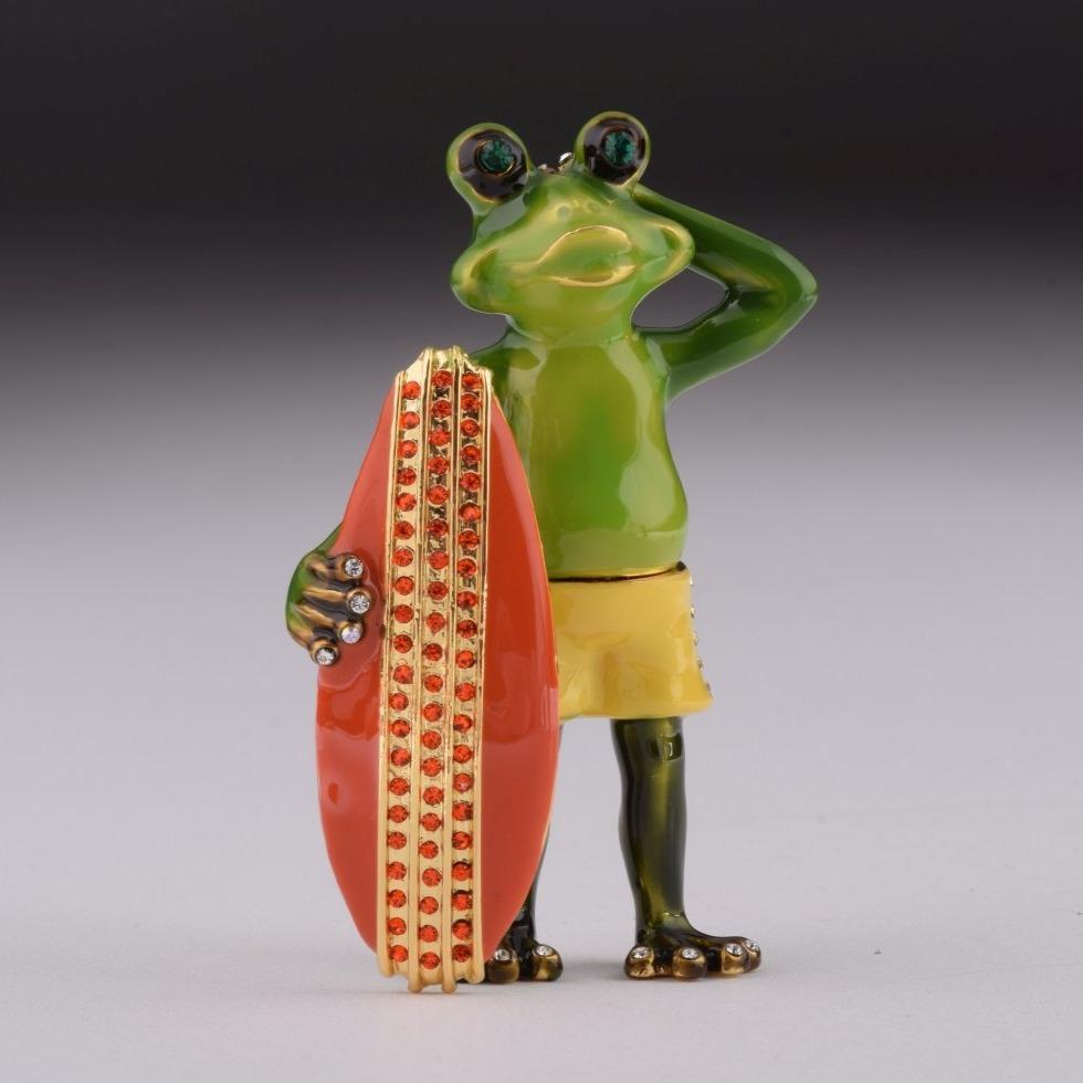 Boy Frog Holding a Surfboard Enamel Painted Trinket Box with Austrian Crystals