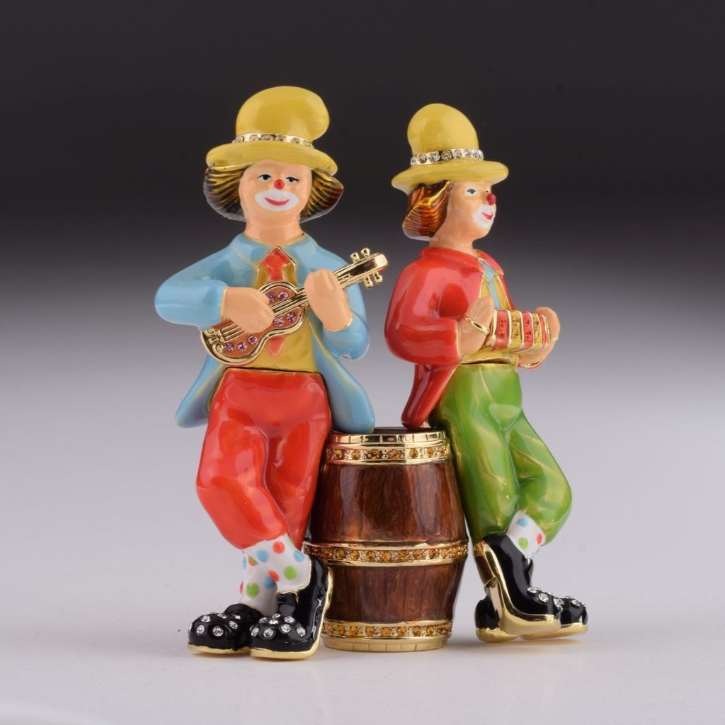 Two Circus Clowns Playing Music Enamel Painted Trinket Box with Austrian Crystals