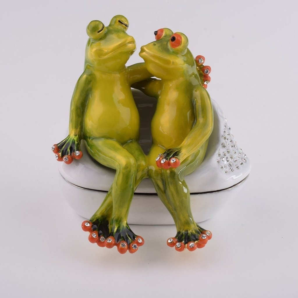 Two Frogs Sitting Together Enamel Painted Trinket Box with Austrian Crystals