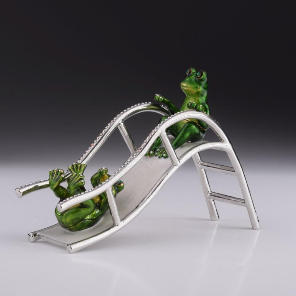 Two Frogs Riding Slide Enamel Painted Trinket Box with Austrian Crystals