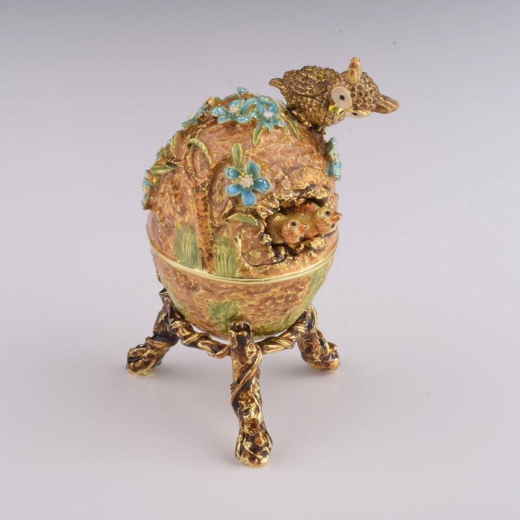 E1958 Green Faberge Egg with Owl Nest Enamel Painted Trinket Box with Austrian Crystals -  Keren Kopal