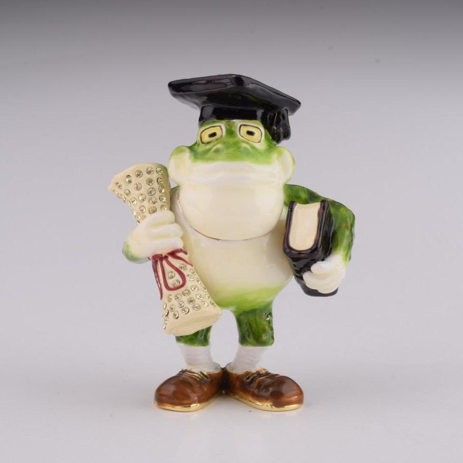 Frog Graduating Student Enamel Painted Trinket Box with Austrian Crystals