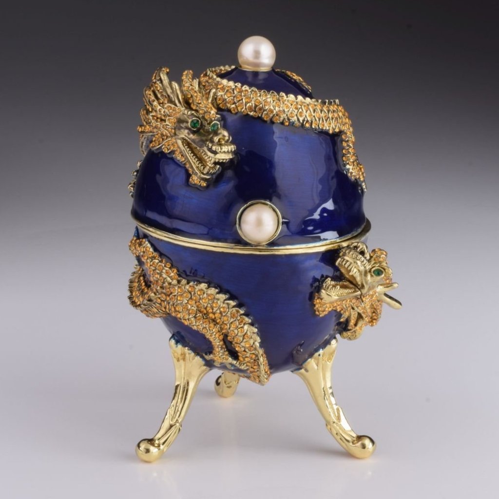 EX1987 Blue Faberge Egg with Dragon Music Playing Enamel Painted Trinket Box with Austrian Crystals -  Keren Kopal