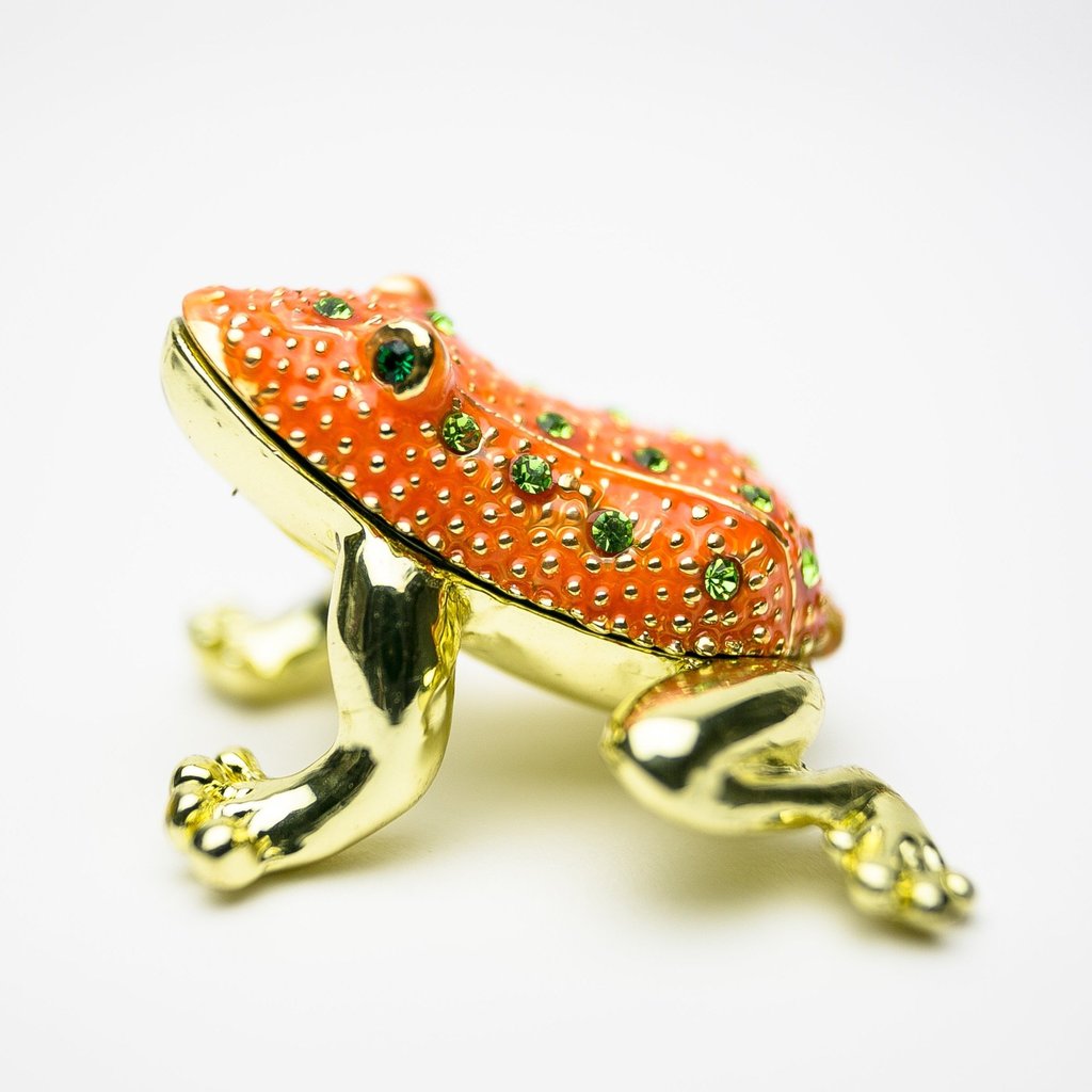 FR2036 Golden Red Frog Enamel Painted Trinket Box with Austrian Crystals