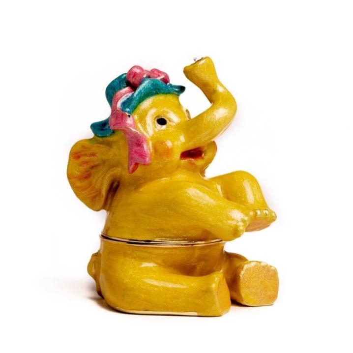 Yellow Sitting Elephant Enamel Painted Trinket Box with Austrian Crystals